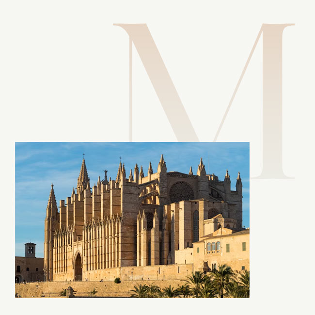 Escort Lady vor der beeindruckenden Kathedrale von Palma de Mallorca bei Sonnenuntergang, umgeben von Palmen und historischem Mauerwerk.